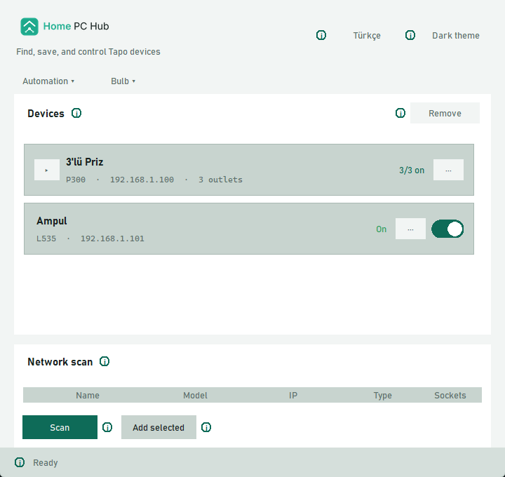 Home PC Hub main window listing discovered TP-Link devices